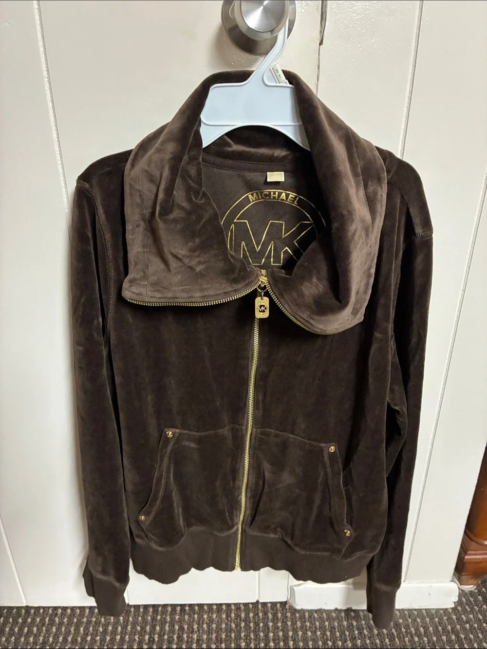Michael Kors Brown Velour Zip-Up Bomber Jacket with Gold Hardware